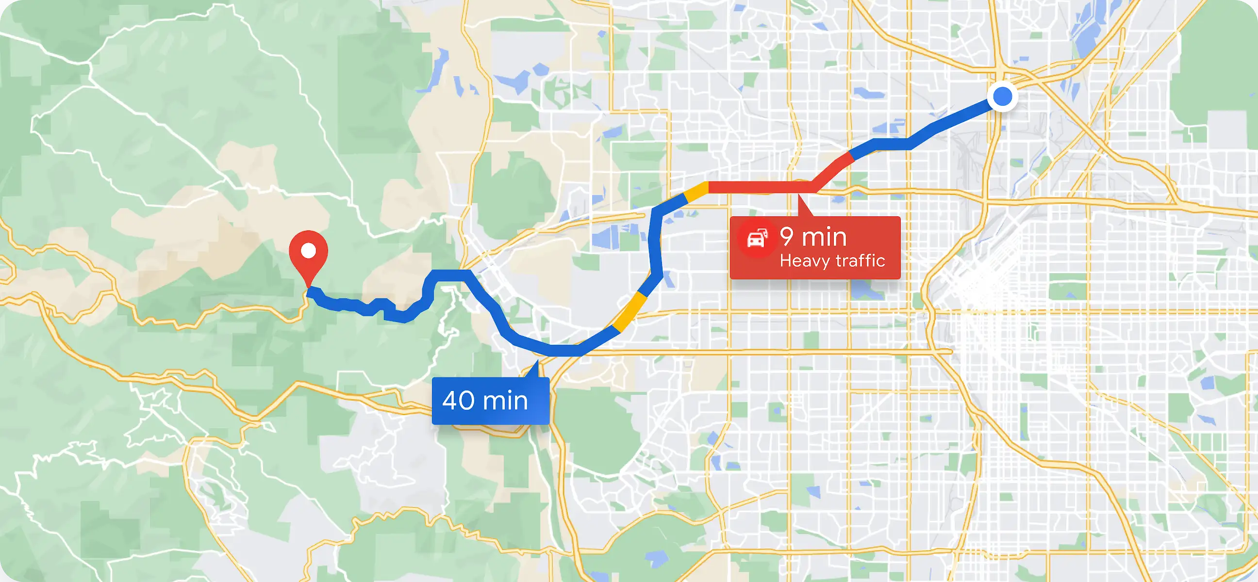 Map with a route showing traffic conditions