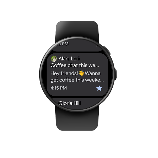 Browsing through a Gmail inbox, reading an email and then adding that email to favourites, on a Wear OS smartwatch.