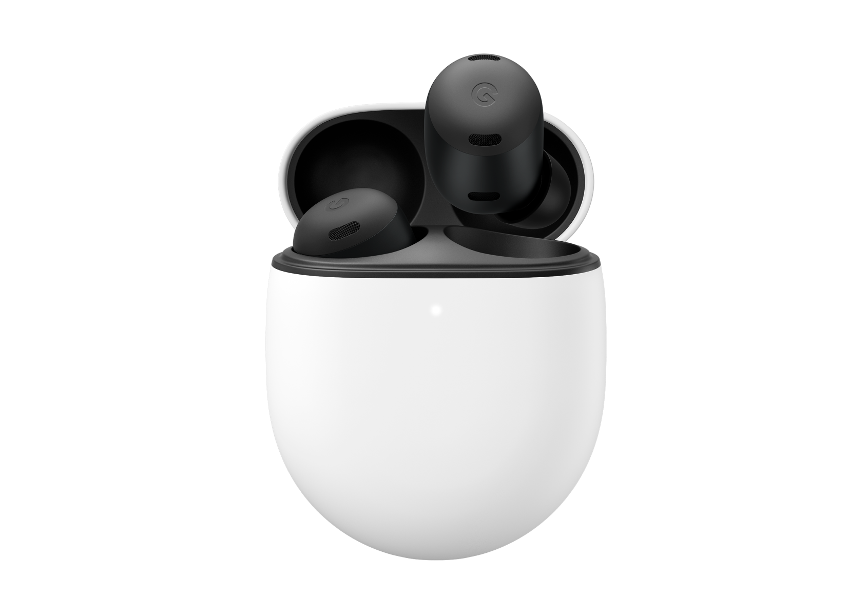 A pair of Pixel Buds Pro in Charcoal, with one earbud tucked in the case and one floating above it