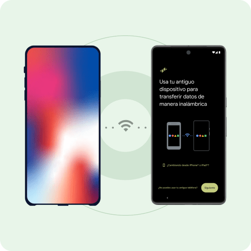 Un iPhone y un teléfono Android nuevo situados en paralelo con el símbolo de Wi-Fi entre ellos. Aparecen dos puntos entre el símbolo de Wi-Fi y los teléfonos para representar la transferencia de datos inalámbrica.