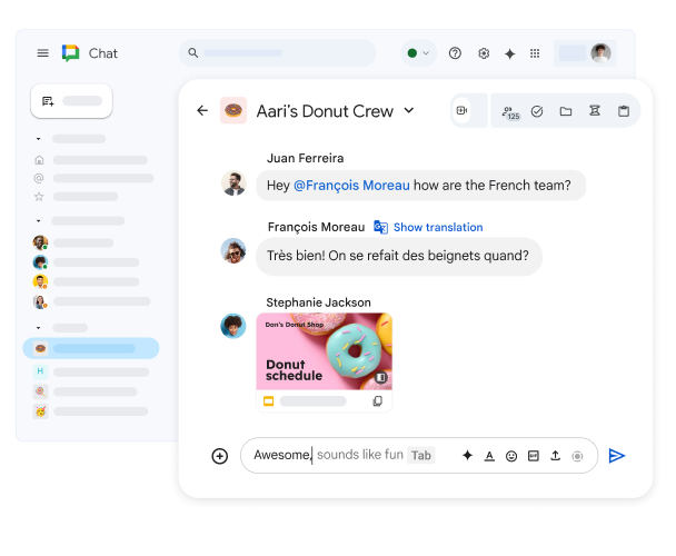 Un espace Google Chat intitulé "Dan's Donut Crew" montrant une présentation Google Slides partagée et un message en français accompagné d'une option pour afficher la traduction
