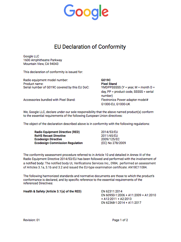 Regulatory > Declaration of Conformity 2018 > Page 1 (English)