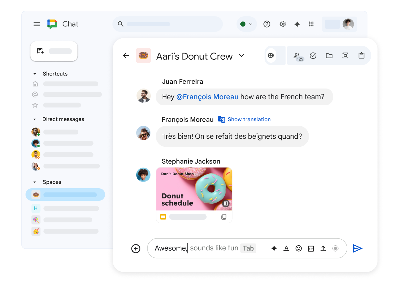 Ruang Google Chat dengan nama ‘Dan’s Donut Crew’ yang menunjukkan presentasi Google Slide yang dibagikan dan pesan dalam bahasa Prancis dengan opsi untuk menampilkan terjemahan.
