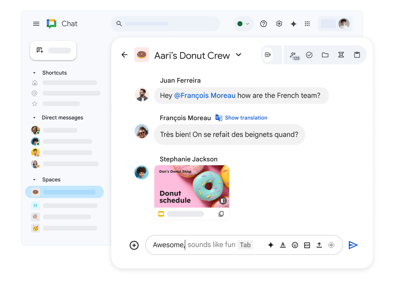 Een Google Chat-ruimte met de naam Dan's Donut Crew toont een gedeelde Google-presentatie en een bericht in het Frans, met de optie om de vertaling daarvan te tonen.