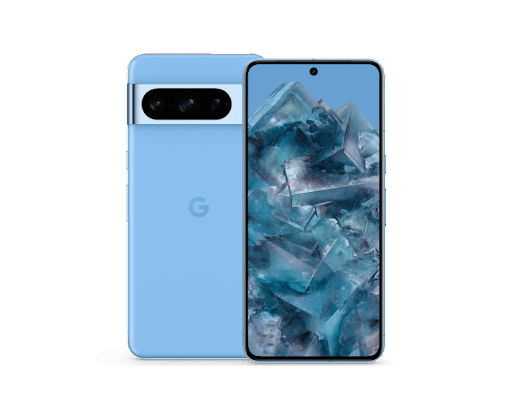 Bay カラーの Google Pixel 8 Pro　の前面と背面。フロント ディスプレイに無数の色が表示されている。