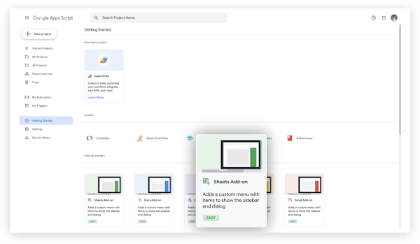 Google E-Tablolar eklentisi seçili şekilde Apps Komut Dosyası platformunu gösteren dizüstü bilgisayar.