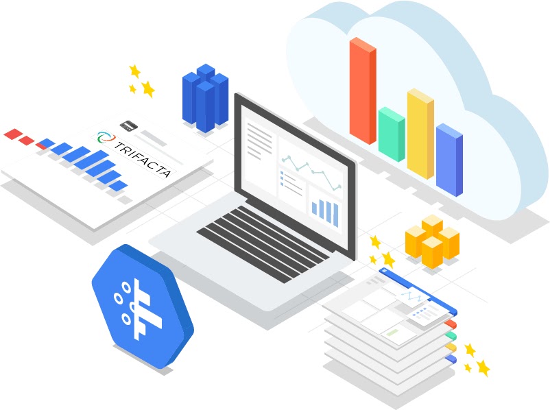 El ícono de Dataprep se encuentra frente a una laptop abierta con una pila de páginas web a la derecha, una hoja de cálculo con el logotipo de Trifacta a la izquierda y un gráfico de barras en la nube detrás