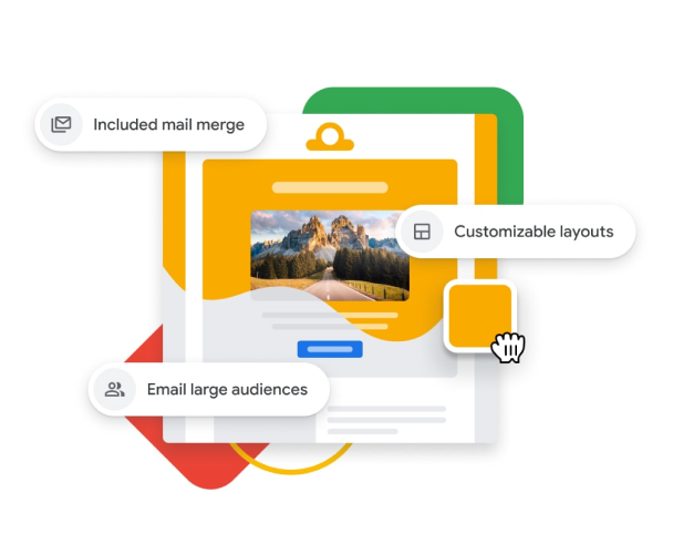 Graphic representation of a customized email campaign with drag-and-drop tools, mail merge and large audience support. 