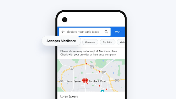 A Google Search UI showing an “Accepts Medicare” filter option