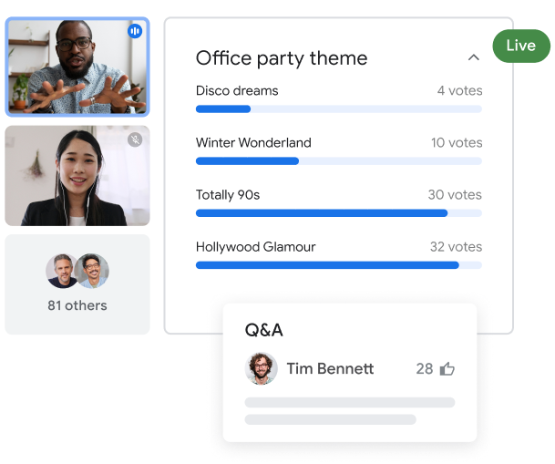 Et Google Meet-opkald med 83 deltagere, som viser to fremhævede brugere, der opretter en afstemning med svarmuligheder til firmafestens tema.