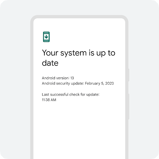 An outline of an Android phone with a notification that the system is up-to-date. Along with other details including current Android version and date and time of the last update.