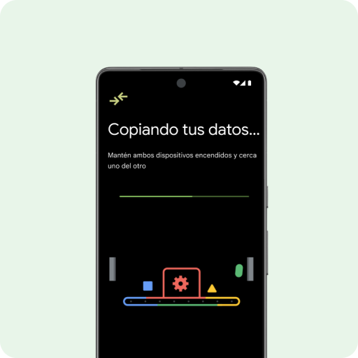 Pantalla de un teléfono Android nuevo con el mensaje "Selecciona tus datos" junto con una lista de contactos, fotos, vídeos, eventos del calendario, mensajes, chats de WhatsApp y música.