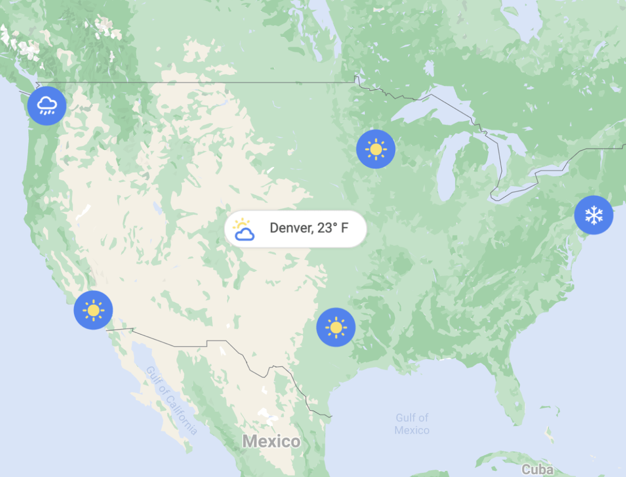 Mapa dos EUA com marcadores de local