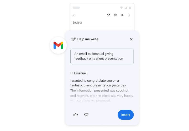 Gemini hjælper en person med at skrive en mail med feedback om en klientpræsentation.