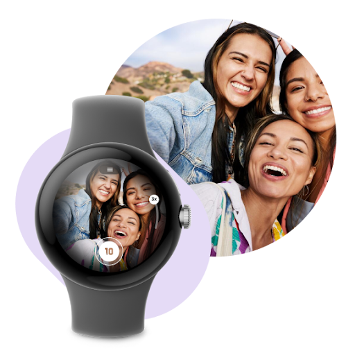 A smartwatch displaying an image of three smiling friends on the screen with a camera button and zoom control.