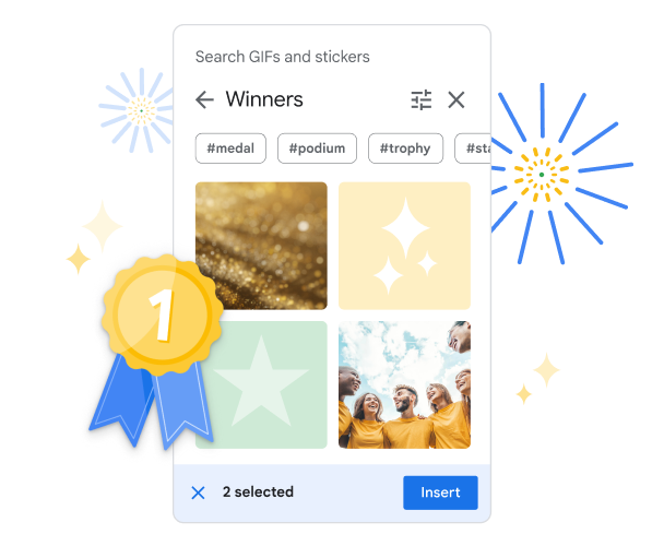 Das GIF- und Sticker-Widget in Google Präsentationen mit einer Auswahl an Stickern zum Thema „Gewinner“