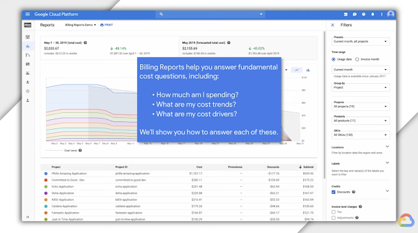 왼쪽 상단에 Google Cloud Platform Billing 보고서 데모가 표시된 컴퓨터 모니터의 동영상 스틸 이미지입니다. 이미지 가운데에는 다음 내용이 있습니다. '결제 보고서를 사용하면 다음과 같은 핵심 비용 관련 질문에 답변하는 데 도움을 얻을 수 있습니다. 나의 지출은 얼마인가요? 비용 추세는 어떤가요? 비용이 발생하는 요인은 무엇인가요? 이러한 질문에 각각 어떻게 답변할 수 있는지 알려 드리겠습니다.' 