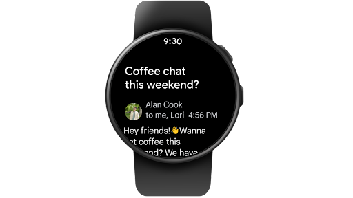 Ein Gmail-Posteingang wird durchsucht, eine E-Mail gelesen und diese E-Mail dann den Favoriten auf einer Smartwatch mit Wear OS hinzugefügt.