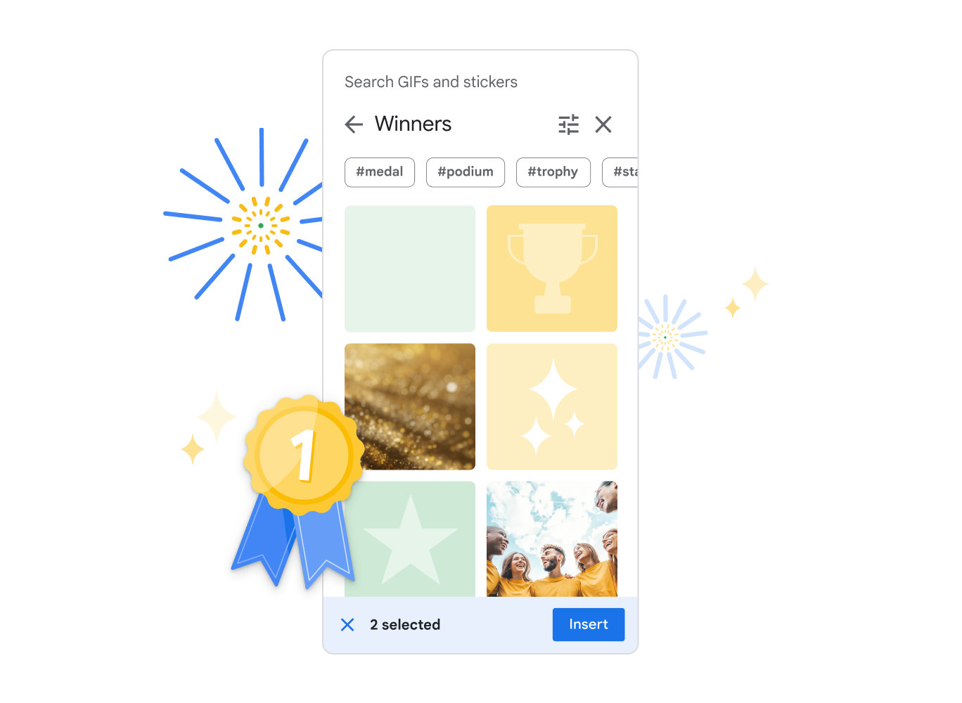 Widget GIF dan stiker di Google Slide yang menunjukkan pilihan stiker dengan tema ‘winners’.