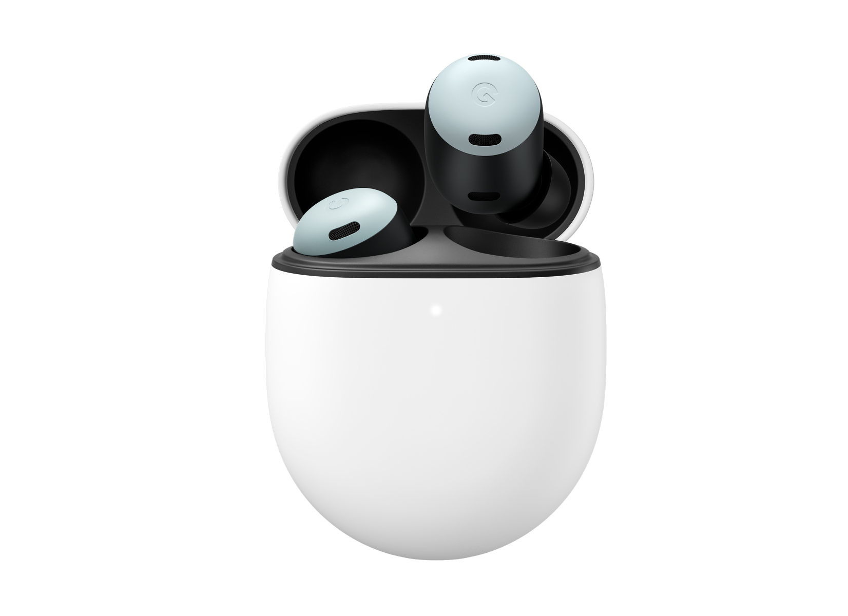 Fog カラーの Google Pixel Buds Pro。片方のイヤホンはケースに収納され、もう片方はケースの上に浮かんでいる