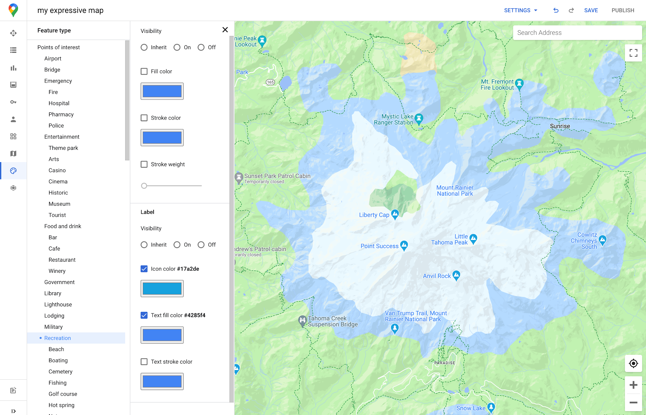 Example of map elements colors and labels customization