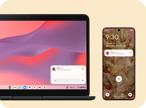 Chromebook とスマートフォンが並んでおり、両方の画面に「Rachel」からのテキスト メッセージ アラートが表示されている。