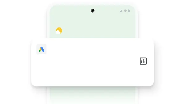 キャンペーンのコンバージョンに関する Google 広告モバイルアプリの通知が表示されたスマートフォンのイラスト。