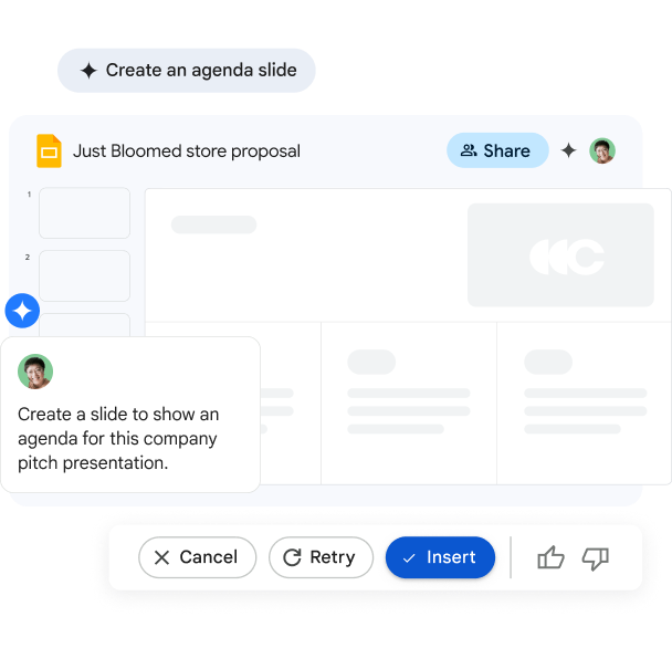 Gemini dans Slides crée un ordre du jour pour la présentation d'une entreprise.