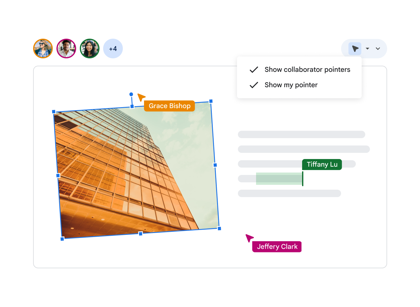 Pengguna dapat menunjukkan pointer miliknya sendiri dan milik kolaborator di slide, sehingga semua orang dapat melihat siapa yang sedang bernavigasi.