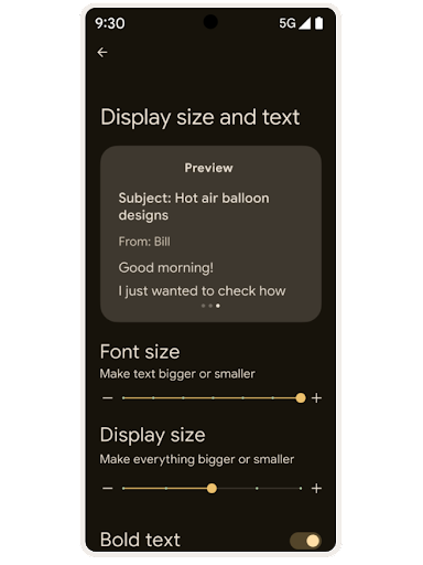 Schermata delle impostazioni di accessibilità Android con la scritta: "Dimensioni visualizzazione e testo", insieme a una finestra di anteprima delle modifiche, i cursori per "Dimensioni carattere" e "Dimensioni di visualizzazione" e un pulsante di attivazione/disattivazione per "Testo in grassetto".