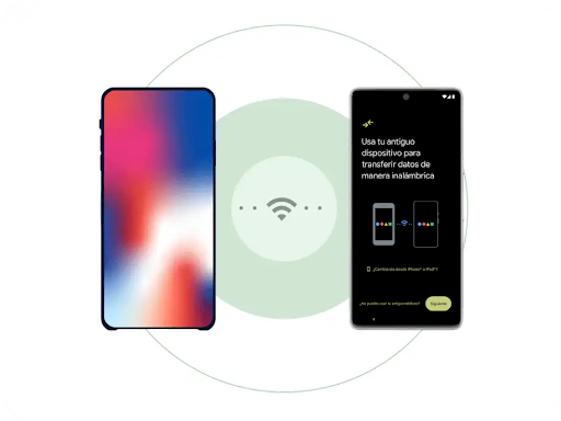 Un iPhone y un teléfono Android nuevo situados en paralelo con el símbolo de Wi-Fi entre ellos. Aparecen dos puntos entre el símbolo de Wi-Fi y los teléfonos para representar la transferencia de datos inalámbrica.