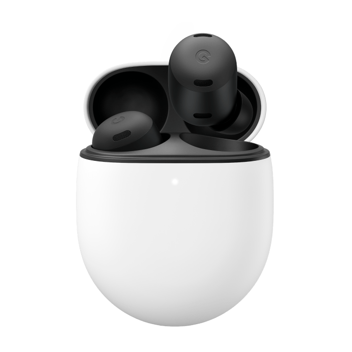 Charcoal カラーの Google Pixel Buds Pro。片方のイヤホンはケースに収納され、もう片方はケースの上に浮かんでいる