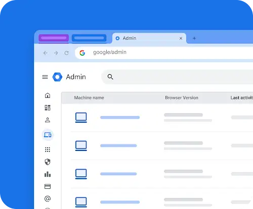 A view of the Google ChromeOS admin with two columns showing a list of machines and browser version