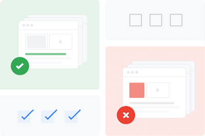 Một trang web có dấu kiểm màu xanh lục tương phản với một trang web có dấu X màu đỏ cho thấy sự chi phối của các chính sách đối với các sản phẩm của Google.