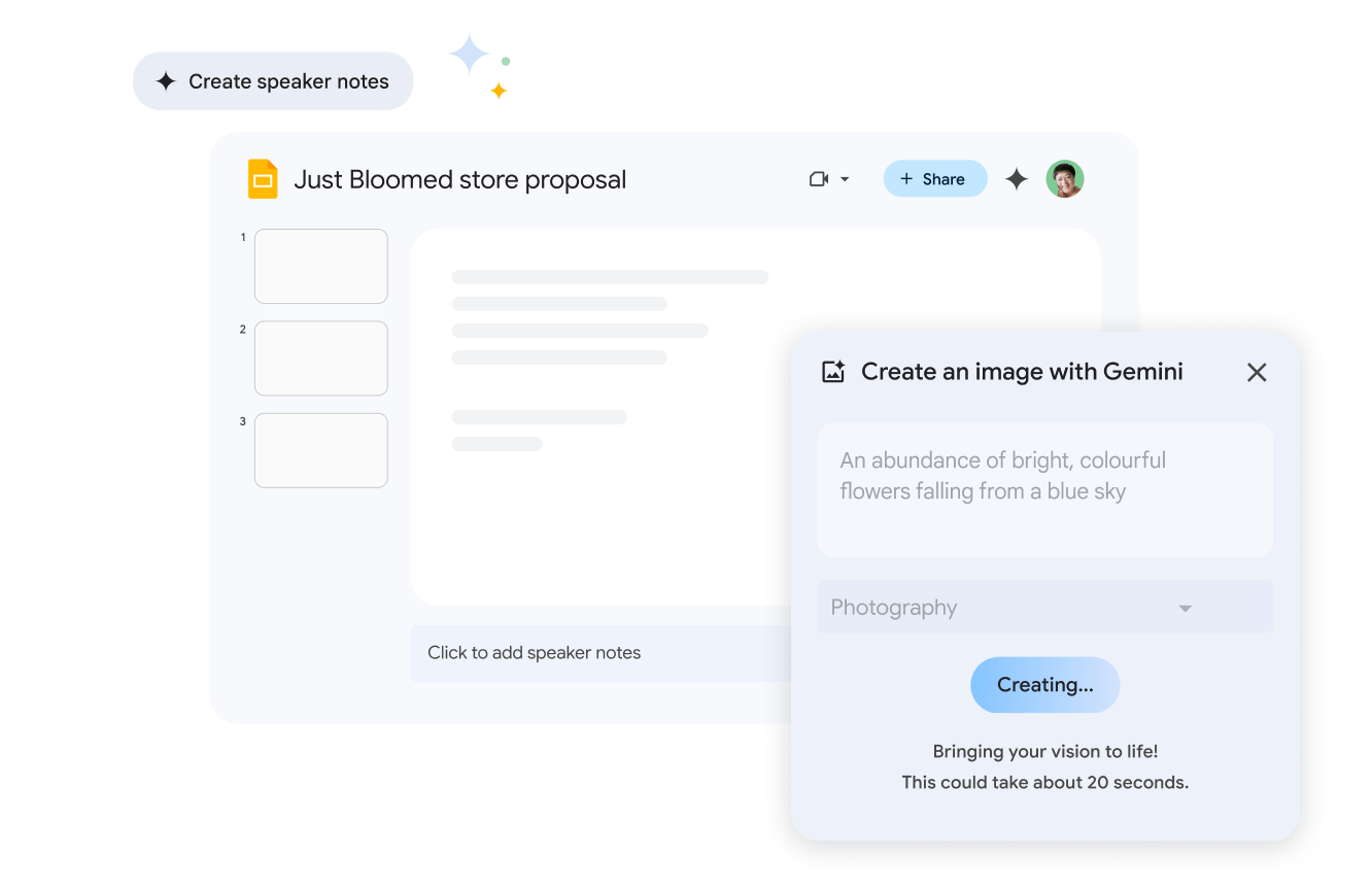 بإمكان Gemini إنشاء صورة بناءً على عرض تقديمي ضمن "العروض التقديمية من Google". يستغرق ذلك 20 ثانية تقريبًا.
