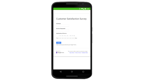 Interfaz de Formularios de Google que muestra una encuesta de satisfacción del cliente con campos de respuesta. 