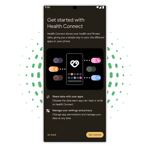 一个打开着的 Android 设置画面，标题为“Get started with Health Connect”（开始使用 Health Connect），显示了关于如何分享健康数据以及如何管理设置和隐私的详细信息。