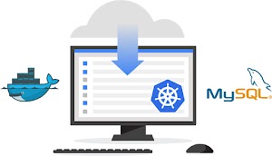 Ilustrasi komputer yang menunjukkan MySQL, Kubernetes, dan Docker yang sudah terinstal