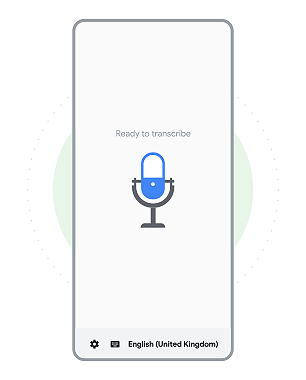 A microphone displayed on an device screen with ‘ready to transcribe’ displayed as text.