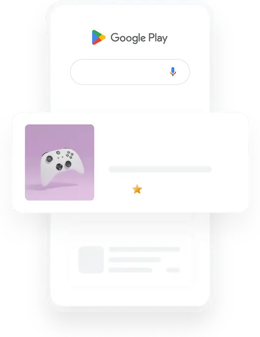 Ілюстрація, де показано, як у відповідь на пошуковий запит Google Play щодо мобільної гри показується релевантна реклама додатка.