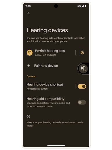 Android 的“Hearing devices”（助听装置）无障碍设置画面。画面中显示了当前有效助听器列表和用于配对新设备的选项。下方为“Hearing device shortcut”（助听装置快捷方式）和“Hearing aid compatibility”（助听器兼容性）开关选项。