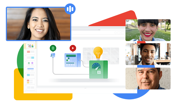 Illustration montrant des personnes participant à un appel Google Meet et collaborant sur une présentation Google Présentations. 