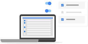 Stylized image of computer monitor with bulleted list and, with panel of lines of code next to it 