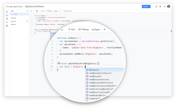 يتوفّر الدمج المسبق لكل من "برمجة تطبيقات Google" وBigQuery في "جداول بيانات Google"