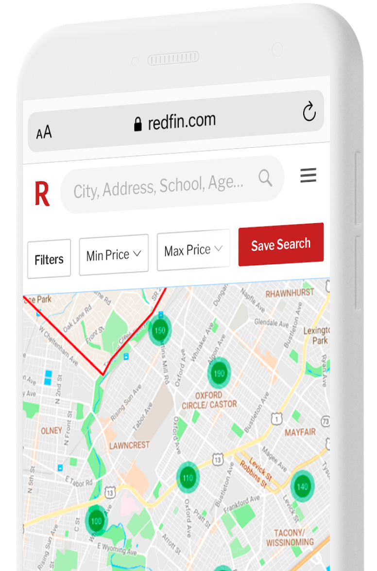 Un telefono che mostra una mappa di risultati di ricerca per il settore immobiliare