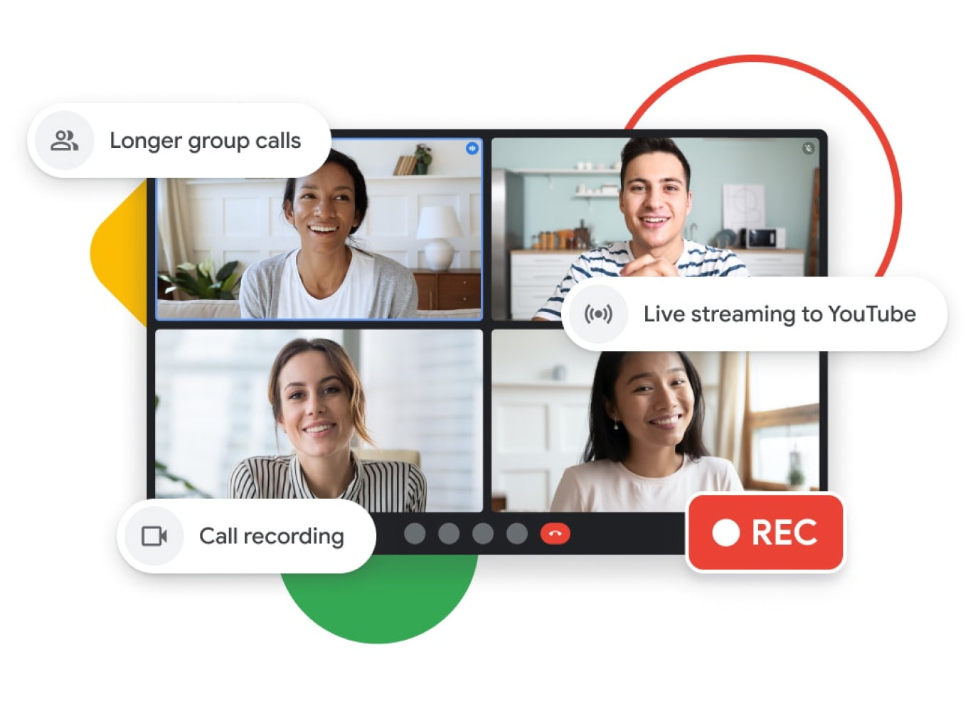 Ilustração de uma chamada do Google Meet com chamadas em grupo mais longas, transmissão ao vivo no YouTube e recursos de gravação
