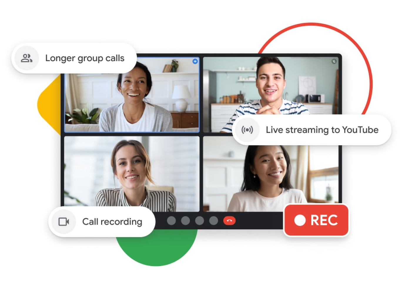 더 긴 그룹 통화, YouTube 라이브 스트리밍, 통화 녹음 기능을 갖춘 Google Meet 통화를 그래픽으로 나타낸 것입니다.