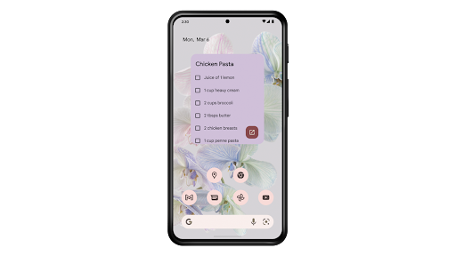 Android डिवाइस की होम स्क्रीन पर खरीदारी की सूची देखने के लिए, Keep में मौजूद विजेट का इस्तेमाल दिखाया गया है.