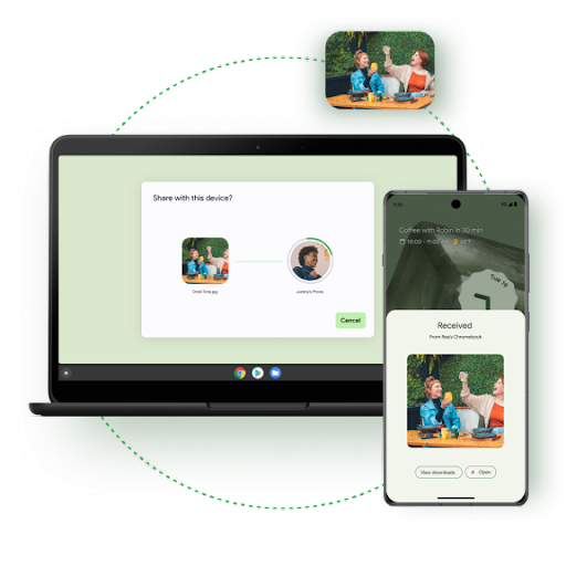 Chromebook に画像共有のプロンプトが表示され、その横にあるスマートフォンの画面に受信した画像が表示されている。