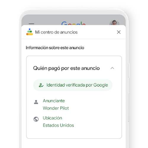 Simulación de la página "Quién pagó este anuncio" dentro de Mi centro de anuncios, en la que se muestra el importe que pagó el anunciante por un anuncio determinado